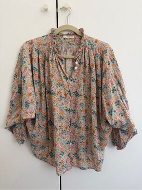 Doen Rose Floral Button-Front Peasant Blouse - Multicolor